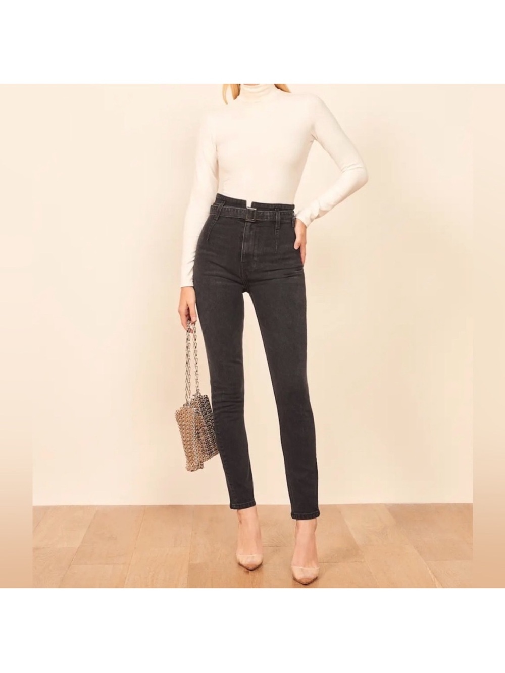 Reformation KAYO Slim Straight Black Jeans with Fabric Waist Belt